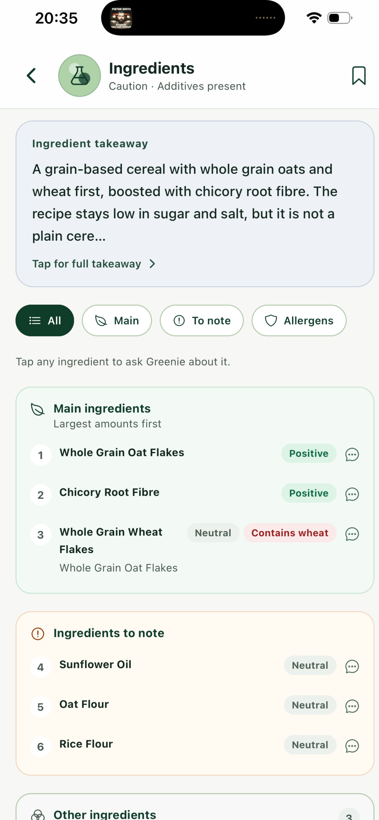 BetterPick ingredients screen with main ingredients and additives flagged
