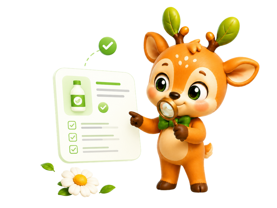 Greenie, the BetterPick mascot, inspecting a product checklist with a magnifying glass