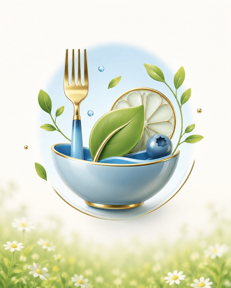Illustration of healthy food and drinks with fresh ingredients in a meadow setting