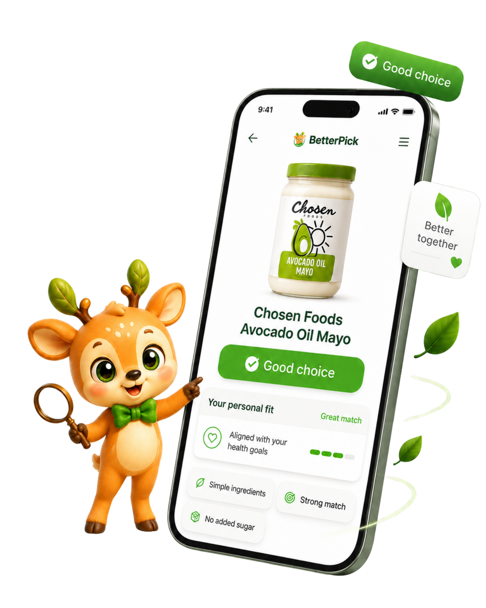 Greenie scanning a product with BetterPick and showing a Good choice verdict